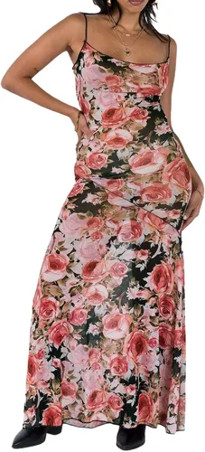 Vista 2 de Vestido largo sin espalda con tirantes delgados para mujer, vestido largo Y2K con correa de encaje de satén, teñido anudado, vestido bodycon sexy