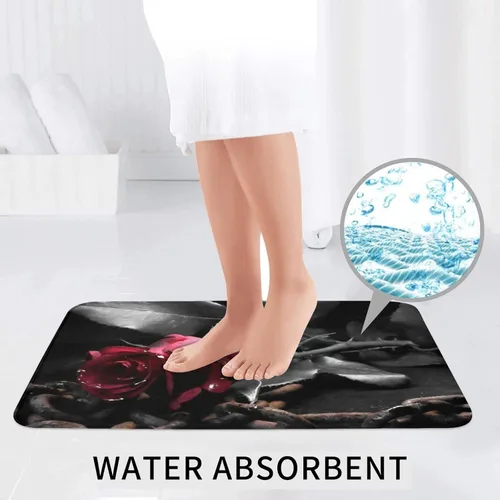 Vista 6 de FFEXS Juego de alfombras de baño de 3 piezas con estampado de rosas negras góticas, 1 alfombrilla rectangular para el suelo, 1 almohadilla de piso