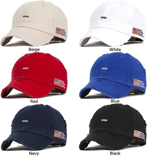 Vista 8 de Flipper Mini parche lateral de la bandera estadounidense de la NASA, sin construir, estilo vintage, con agujeros rasgados, de algodón lavado, gorra