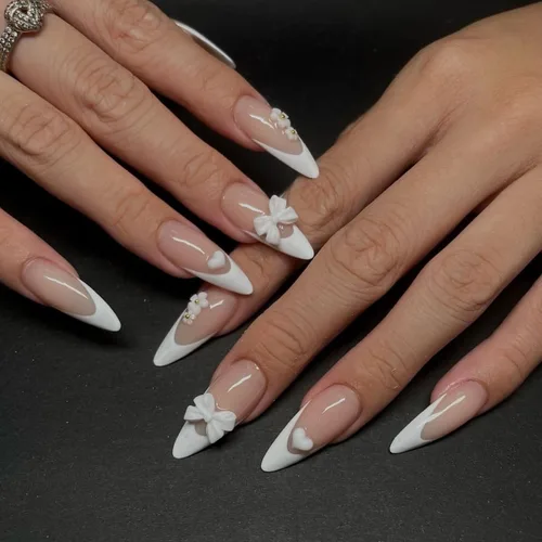 Vista 15 de Uñas postizas cortas de almendra a presión con punta francesa morada, uñas falsas ovaladas con diseños de ondas y diamantes de imitación, uñas