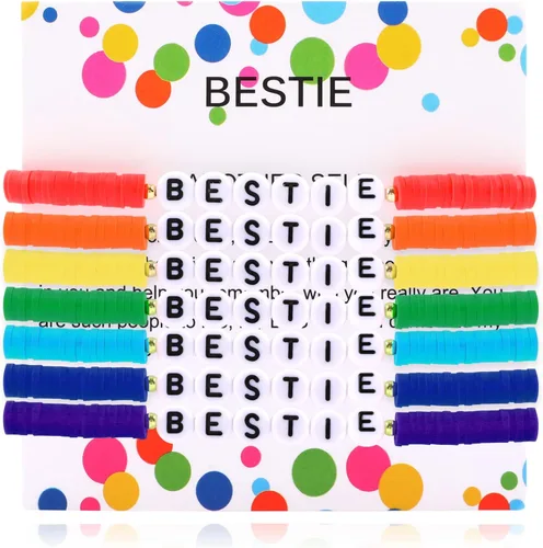 Vista 12 de Juego de pulseras heishi arcoíris estilo surfista para mujer, juego de pulseras apilables de cuentas de arcilla, pulseras elásticas con disco