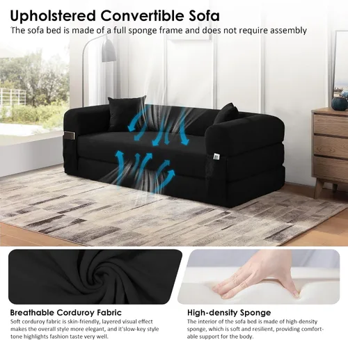 Vista 6 de Sofá cama convertible de 80 pulgadas, sofá cama plegable de pana con almohadas, sofá de compresión moderno sin hueso sin montaje, sofá de compresión