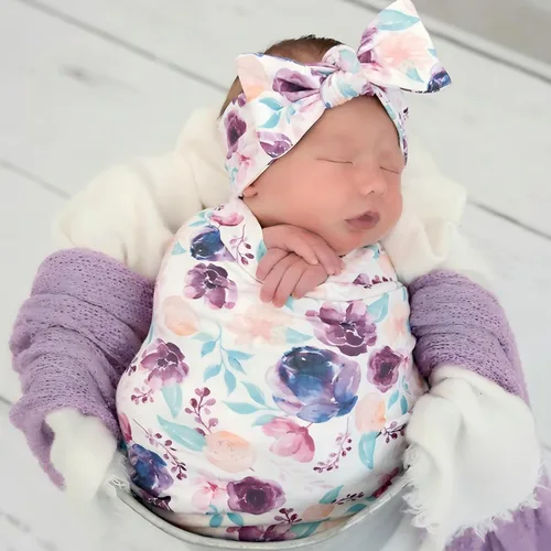 Vista 10 de Manta elástica con estampado floral para recién nacido, con diadema a juego (azul y rosa) Baby Grils Receiving Blanket with Name Card Stretch Wrap