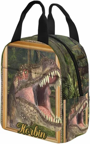 Vista 4 de InterestPrint Bolsa de almuerzo personalizada de mamá papá, bolso de picnic con cremallera de bosque con marco dorado personalizado reutilizable
