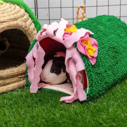 Vista 7 de Escondite de conejillo de indias, cama de felpa suave con cactus para mascotas y casa de túnel Verde