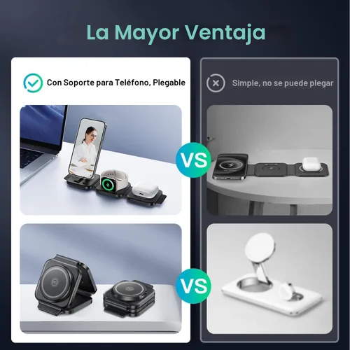 Vista 9 de Esenciales de viaje para cargador de Apple Watch, estación de carga 3 en 1 para dispositivos Apple, estación de carga inalámbrica plegable