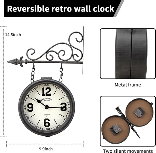 Vista 3 de Reloj de doble cara de hierro Londres, reloj antiguo de doble cara, de hierro forjado, reloj antiguo de hierro numerado, decoración de pared, reloj