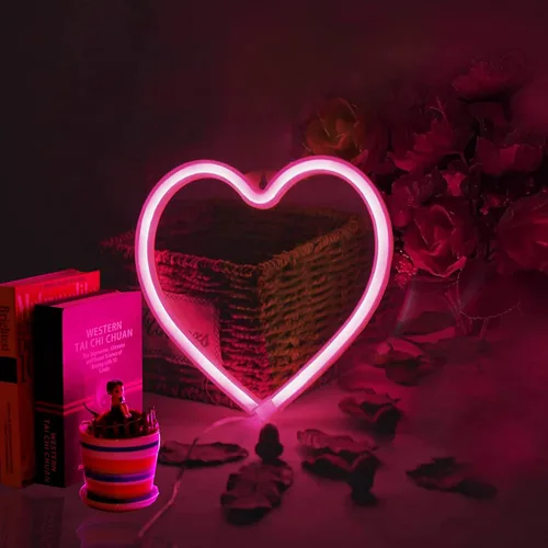 Vista 4 de YouOKLight Letrero de neón de corazón, luces de neón para decoración de pared de dormitorio, letrero de neón rosa, luz LED de corazón con USB