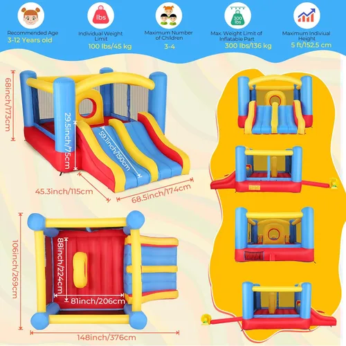 Vista 6 de Whubefy Casa de Rebote Inflable para Niños 3-6 Niños Grandes 8-12 con Tobogán Doble y Pista de Obstáculos, 3.66 x 2.74 m Casa Inflable