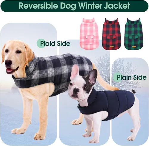 Vista 4 de Kuoser - Abrigo de invierno para perro reversible de estilo británico, abrigo de clima frío para cachorros, ropa resistente al viento, chaleco