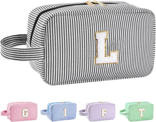 Vista 149 de Bolsa de maquillaje personalizada con inicial A-Z para mujeres, niñas y niños, bolsa de aseo de viaje, bolsa de maquillaje preparada, bolsa