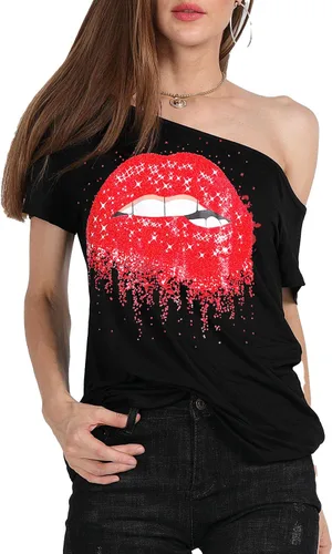 Vista 84 de MAGICMK - Camiseta casual para mujer, con estampado de labios y hombro descubierto, talla extragrande