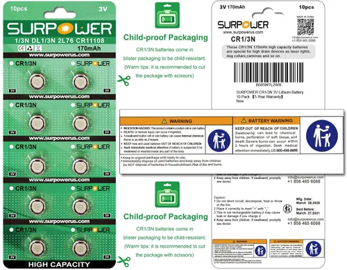 Vista 2 de SURPOWER CR1/3N 3V Batería de litio, paquete de 10 unidades 【5 años de garantía】
