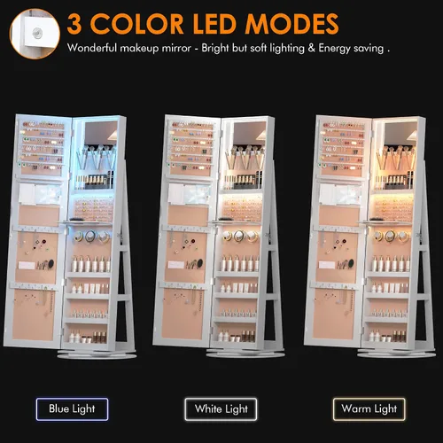 Vista 4 de Vlsrka Armario de joyería LED con espejo de longitud completa giratorio de 360, gabinete de joyería, espejo grande con cerradura de pie, organizador