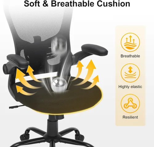 Vista 5 de Silla de oficina ergonómica de malla, soporte lumbar ajustable, brazos abatibles, silla giratoria para computadora con respaldo transpirable