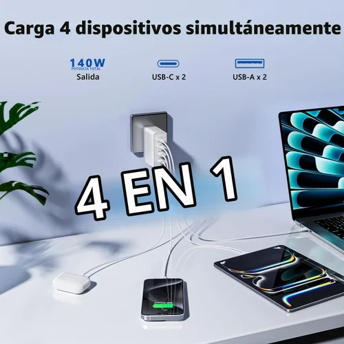 Vista 4 de sccvee Cargador USB C de 140 W GaN, adaptador de corriente para portátil de 100 W, bloque de carga rápido, estación de carga de 4 puertos USB C 140W