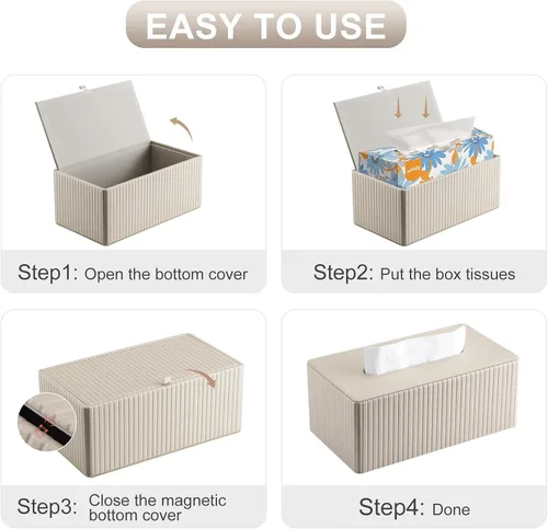 Vista 9 de KINGFOM Funda de caja de pañuelos de cuero sintético PU, soporte rectangular para caja de pañuelos con fondo magnético, dispensador de servilletas