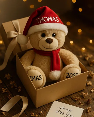 Vista 4 de Oso de Navidad Personalizado 2025 – Osito de Peluche Beige Personalizado de 8.5 pulgadas con Sombrero y Bufanda – Lindo Oso Navideño con Tu Nombre