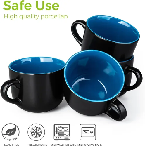 Vista 5 de GBHOME Tazas de sopa jumbo con asas, juego de 4 tazas de café grandes de 24 onzas, cuencos de sopa de cerámica para café, cereales, aperitivos