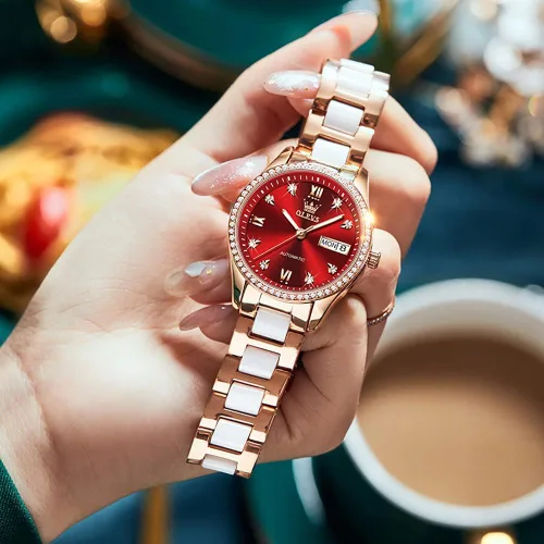 Vista 4 de OLEVS Relojes de oro rosa para mujer correa de acero inoxidable de cerámica reloj mecánico automático calendario de puntero luminoso impermeable