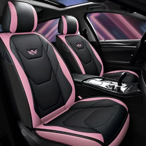 Vista 2 de Juego completo de fundas de asiento de coche de piel sintética de lujo para 5 asientos, ajuste universal (BK-rosa)