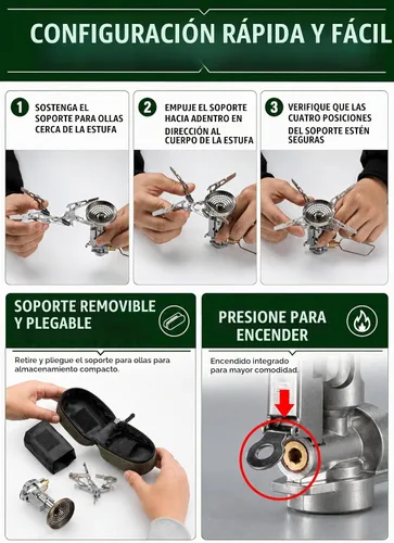 Vista 7 de CAMPINGMOON Estufa portátil compacta plegable con tapa de cartucho con micro regulador con 4Flex con encendedor XD-2F (Plata)