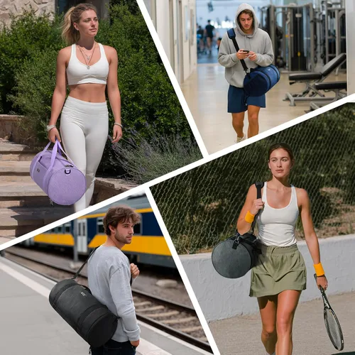 Vista 6 de MIER Bolsa de deporte redonda con compartimento para zapatos y bolsillo húmedo, bolsa de mano ligera para hombres y mujeres, entrenamiento, fitness