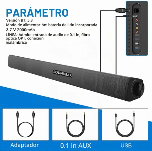Vista 2 de Barra de sonido portátil para TV/PC, exterior/interior con cable e inalámbrico Bluetooth 5.0 altavoz con control remoto y cable óptico, barra