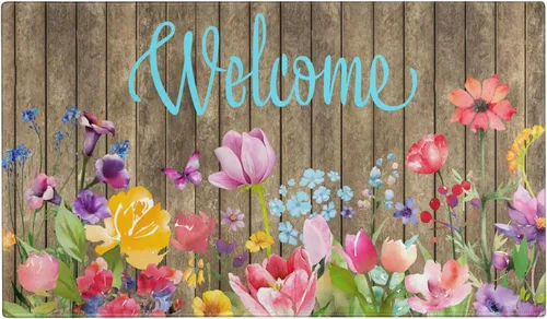 Vista 27 de Tapete antideslizante para puerta de Pascua, diseño de conejito de primavera, diseño floral para interiores y exteriores, para entrada, porche