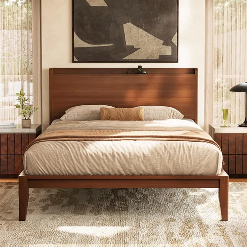 Vista 12 de PRAISUN Marco de cama Queen de madera de bambú con estación de carga y Espresso