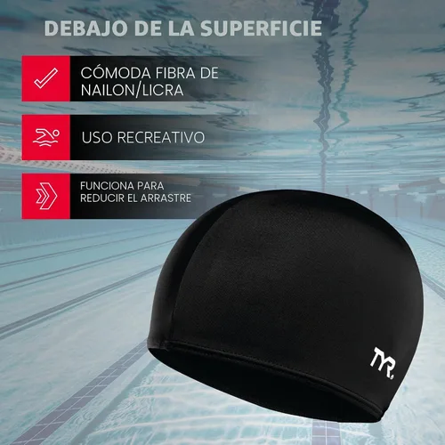 Vista 3 de TYR Adult Lycra Fiber Swim Cap - Lightweight Warm Water Recreational Cap Negro