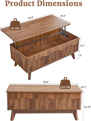Vista 3 de BERRYMERRY Mesa de centro elevable con almacenamiento oculto, mesa de centro acanalada de granja con perfil ondulado, mesa central rectangular