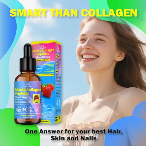 Vista 6 de Gotas líquidas de péptidos de colágeno marino, colágeno hidrolizado tipo I y III con ácido hialurónico biotina vitamina C para articulaciones, piel