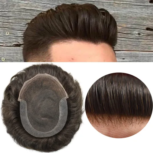 Vista 23 de Tupé para hombre Remy pieza de cabello humano para hombres encaje tupé para hombres nudo blanqueado sistema de reemplazo de cabello para hombre #1