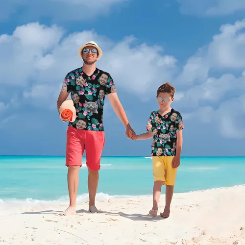Vista 8 de Camisa hawaiana personalizada para hombres con cara, camisas florales tropicales personalizadas con foto de marido Aloha Beach Flower Shirt