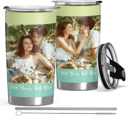 Vista 31 de Vaso personalizado con texto fotográfico, vaso de acero inoxidable con pajilla, taza de café personalizada con foto de viaje, regalo