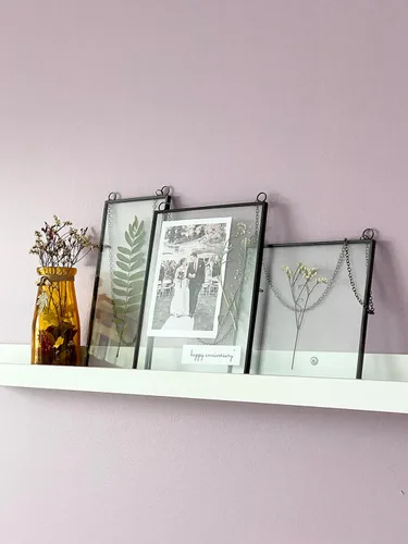 Vista 6 de Beedecor Juego de 2 marcos colgantes de vidrio doble para flores prensadas, hojas y obras de arte, marco flotante de metal grande con cadena, marcos