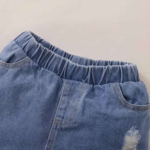 Vista 6 de Bebé Niña Estampado Floral Con Volantes Tirante Crop Top+Azul Pantalones Cortos De Mezclilla Con Agujeros Verano 2 Piezas Trajes Conjuntos De Ropa