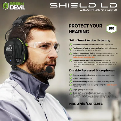Vista 3 de GREEN DEVIL Auriculares Electrónicos Bluetooth de Protección Auditiva con Micrófonos de Brazo Articulado, Orejeras con Cancelación de Ruido de 27dB