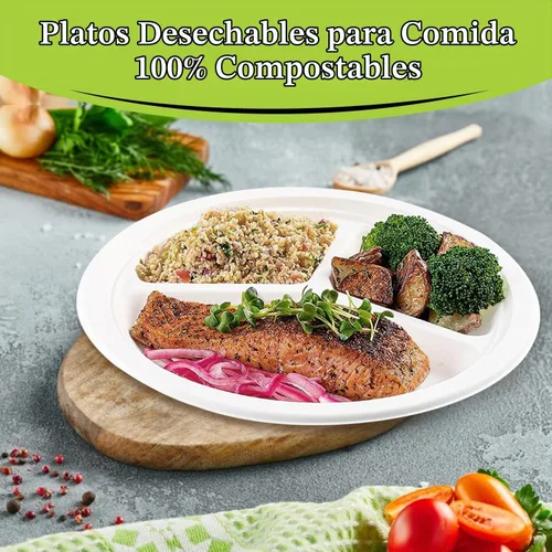 Vista 2 de three leaf platos redondos de bagazo de 10 pulgadas con 3 compartimentos, 25 unidades. Platos de bagazo desechables, 100 % biodegradables