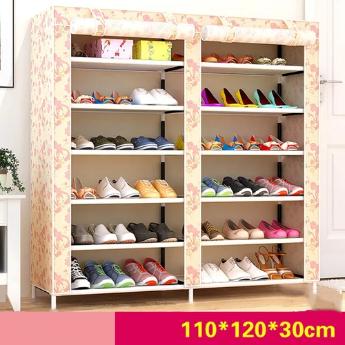Vista 4 de Zapatero de 2 filas de metal, cubierta de tela multicapa a prueba de polvo, organizador de almacenamiento para dormitorio, sala de estar, puerta