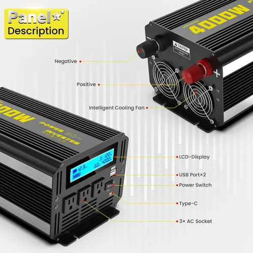 Vista 6 de Inversor de corriente de onda sinusoidal modificada de 4000 vatios, 12 V CC a CA 110 V/120 V (pico) Convertidor de 5000 W, inversor de automóvil
