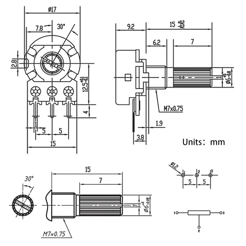 Vista 4 de WH148 Kit de potenciómetro 1K 2K 5K 10K 20K 50K 100K 250K 500K 1MK Ohm 0.591 in Eje Potenciómetros lineales de una sola articulación Juego de 3