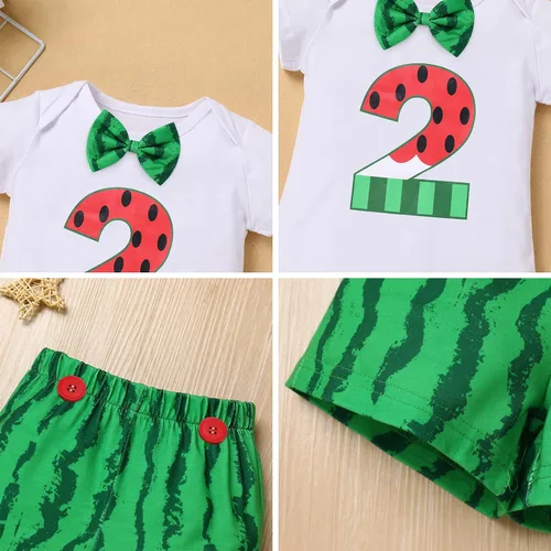 Vista 6 de Conjunto de 4 piezas de 3 piezas para bebé, diseño de sandía, para el primer cumpleaños, para tarta, de manga corta, pañales, con tirantes