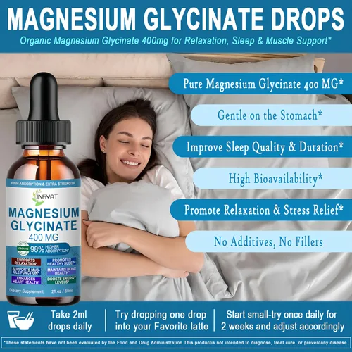 Vista 2 de Gotas de glicinato de magnesio puro Glicinato de magnesio líquido de alta absorción 400 mg que apoya la salud del sueño, nervios y huesos