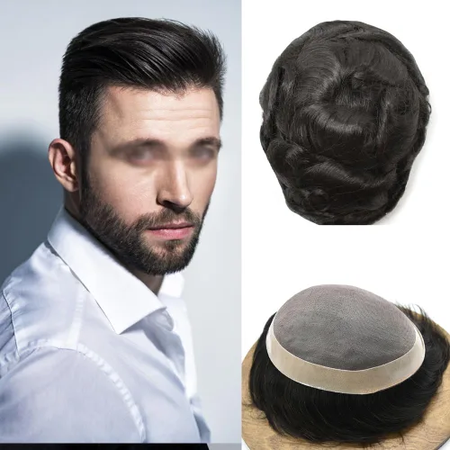 Vista 23 de Toupee para hombre 100% europeo Remy piezas de cabello humano para hombres, sistema de cabello fino mono centro de reemplazo para hombres