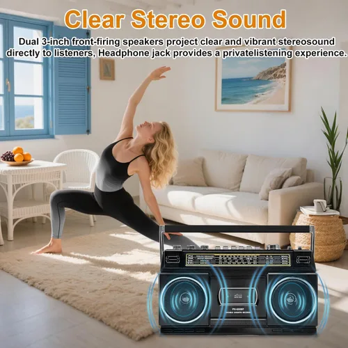 Vista 3 de Reproductor de casete Boombox con Bluetooth, radio AM/FM/SW y grabación a USB, sonido estéreo de 24 W, 4 modos de alimentación, estéreo retro