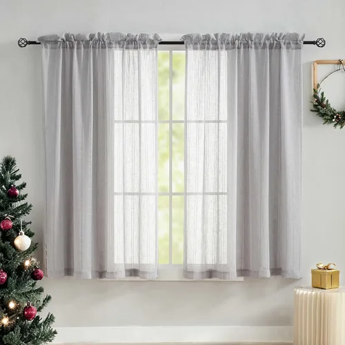 Vista 2 de Home Brilliant Cortinas a rayas transparentes de gasa para ventana pequeña para dormitorio, juego de 2, 54 x 45 pulgadas, gris claro
