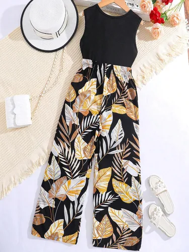Vista 2 de Floerns Conjunto de 2 piezas para niña, camiseta sin mangas sólida, estampado tropical, pantalones de pierna ancha