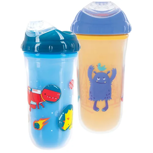 Vista 7 de Nuby Taza de transición con aislamiento, sin derrames, con borde de silicona suave y pitorro fresco 9 onzas / 270 ml Paquete de 2 Impreso